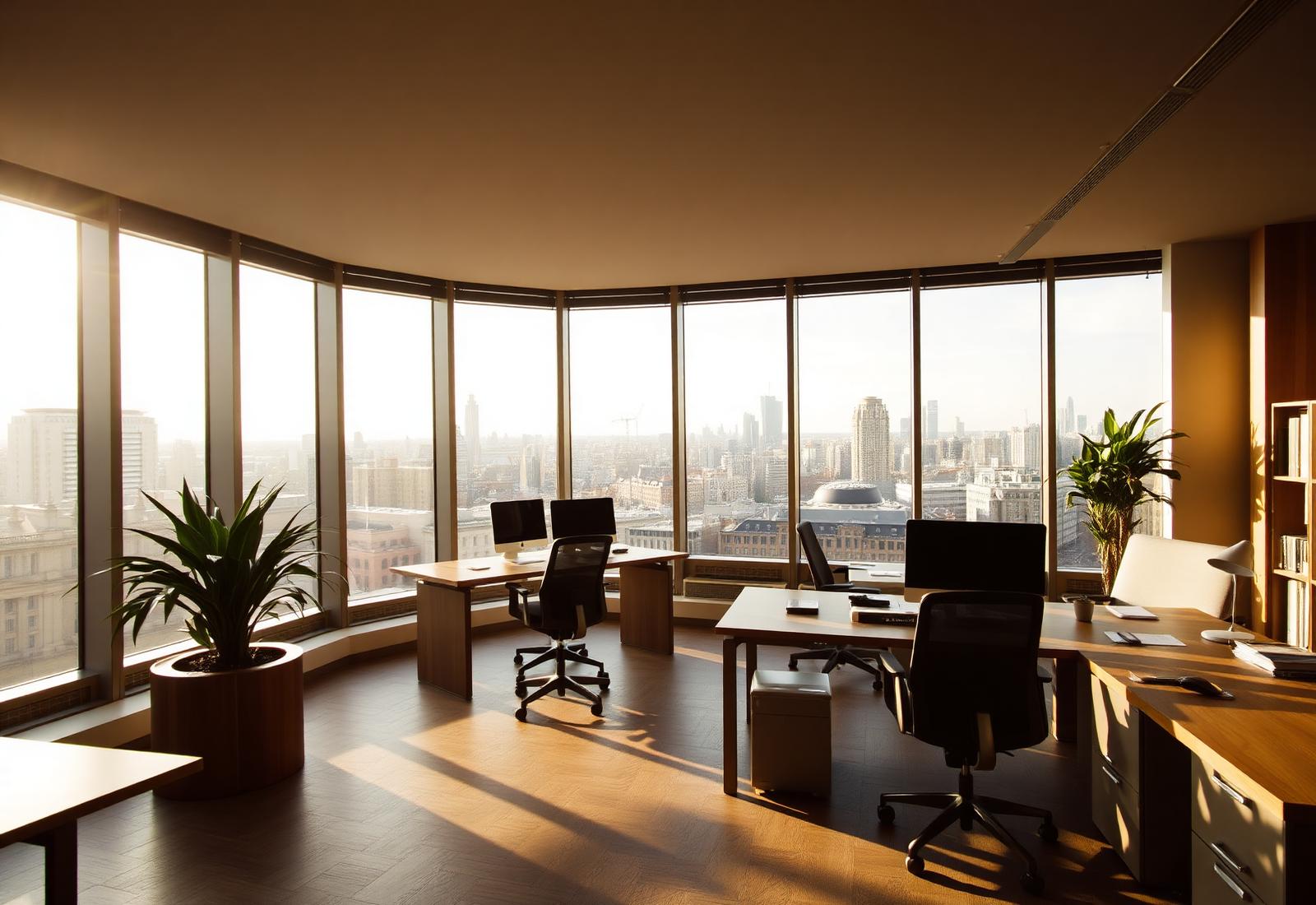 Sunlit London executive workspace overlooking the city